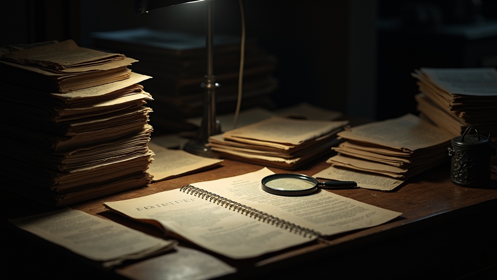 A collection of classic case files, court documents, and newsprint about crime scenes, with moody lighting.