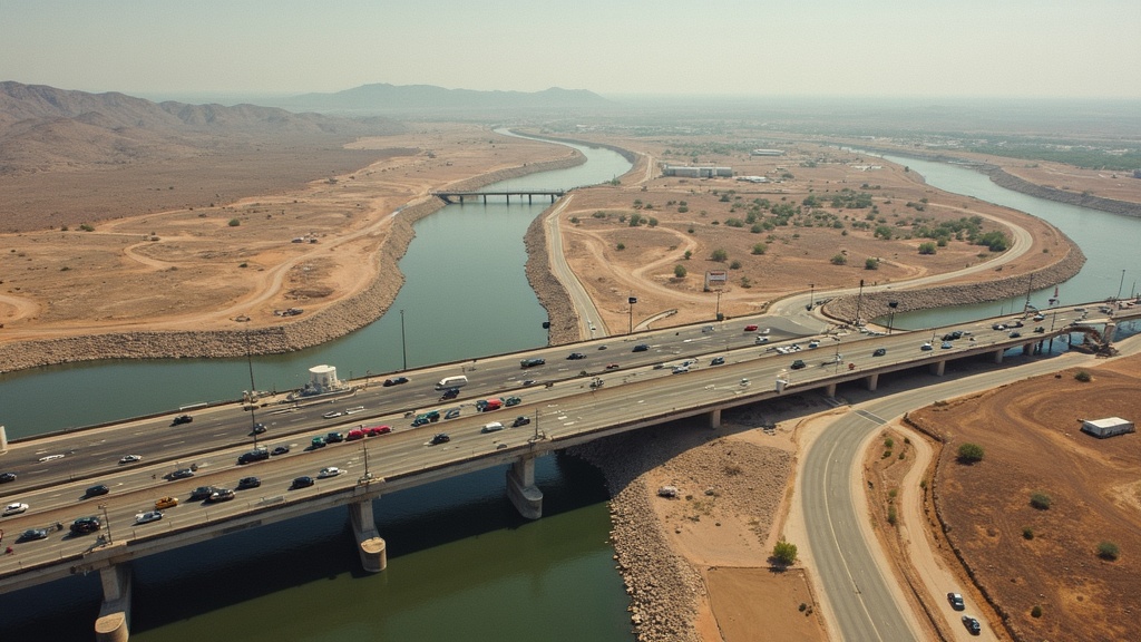 Aerial view of a border crossing and shipping containers, illustrating the flow of goods and law enforcement activity.