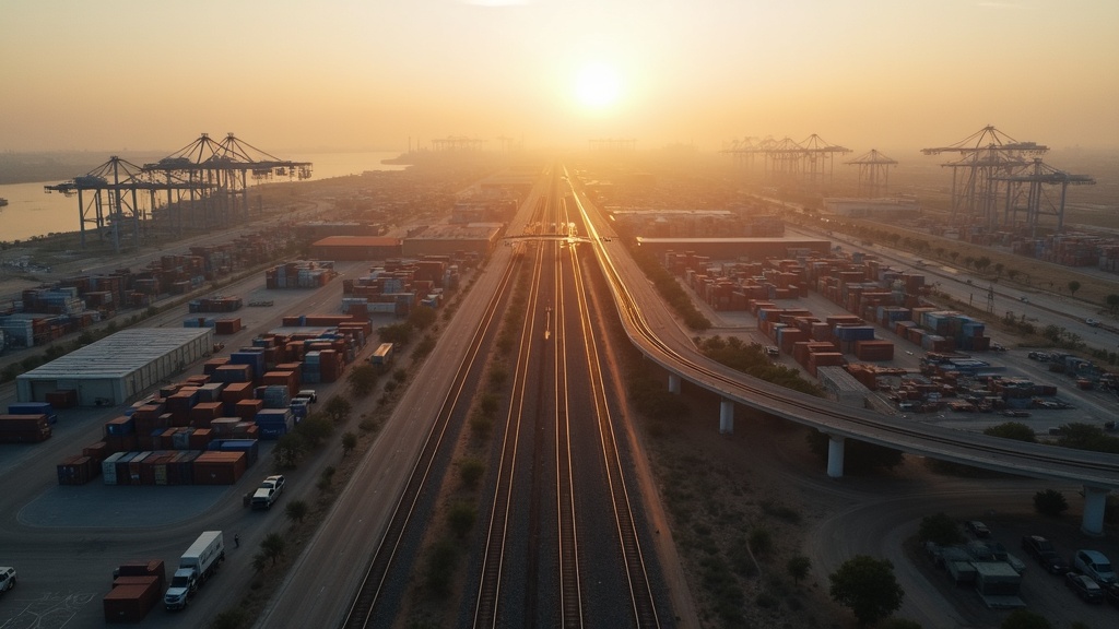 Aerial view of a sprawling urban landscape with ports, warehouses, highways, and border fences at dawn. Shipping containers and railway lines crisscross, hinting at smuggling routes.