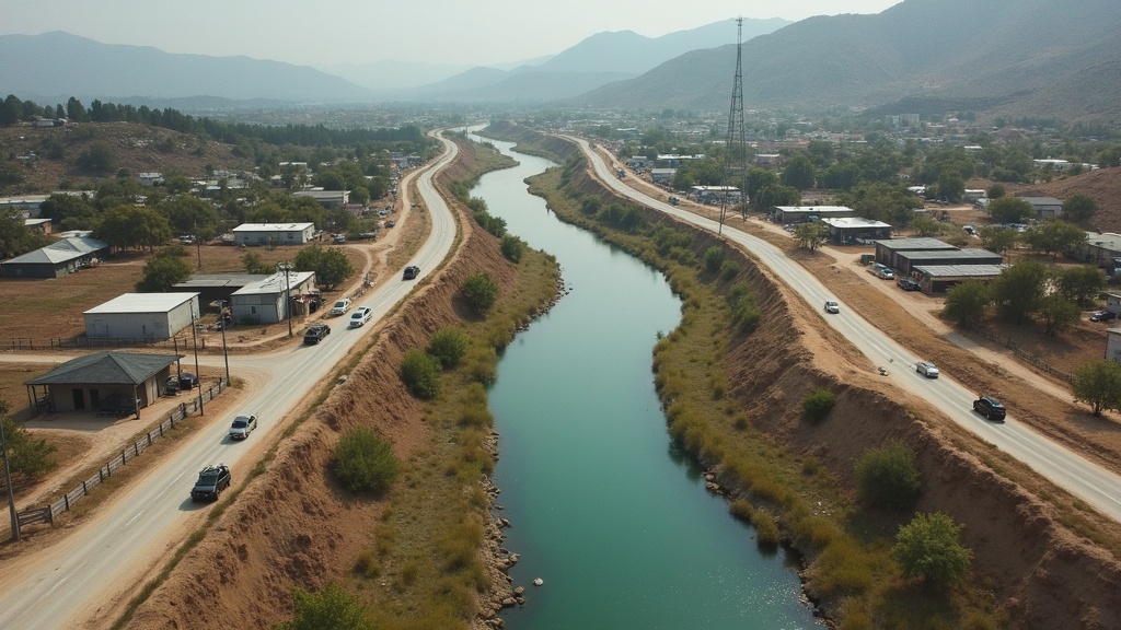 The Role Of Government In Protecting Citizens From Cartel Violence 1 Aerial view of a town split by a river, with police vehicles stationed on both sides and a visible border fence winding through mountainous terrain, representing state intervention against cartel activity