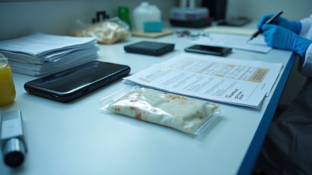 How To Analyze Evidence In A Criminal Investigation 1 Close-up shot of evidence tags and forensic tools laid out on a clean table, with digital and physical items like a USB drive, fingerprint powder, documents, and evidence bags, in a professional lab setting.
